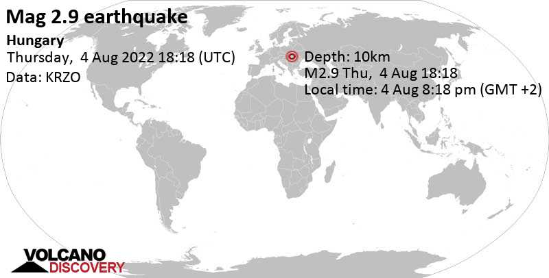 2.9 quake 23 km east of Matészalka, Szabolcs-Szatmar-Bereg, Hungary, Aug 4, 2022 8:18 pm (GMT +2)