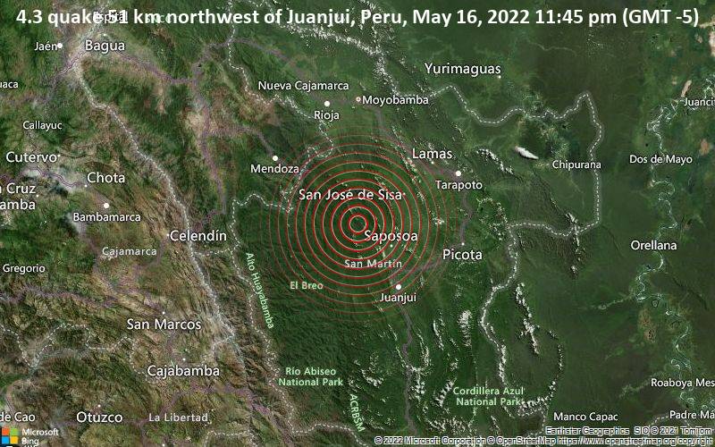 Moderate 4.3 quake hits near Juanjui, Provincia de Mariscal Cáceres, Region de San Martin, Peru