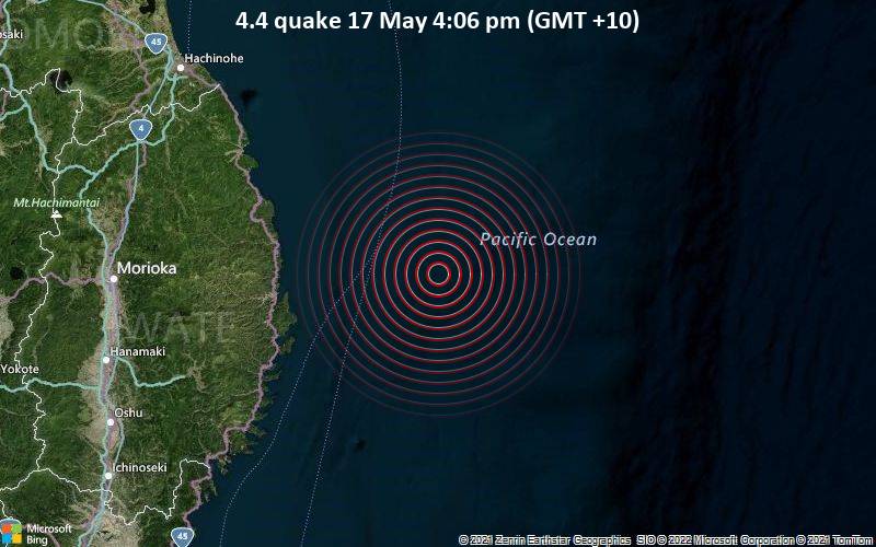 Moderate magnitude 4.4 earthquake 72 km east of Miyako, Japan