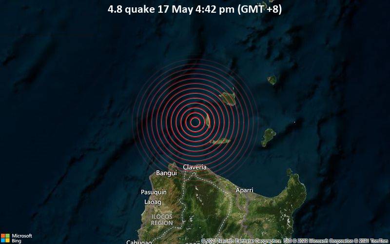 Moderate magnitude 4.8 earthquake 100 km northwest of Aparri, Philippines