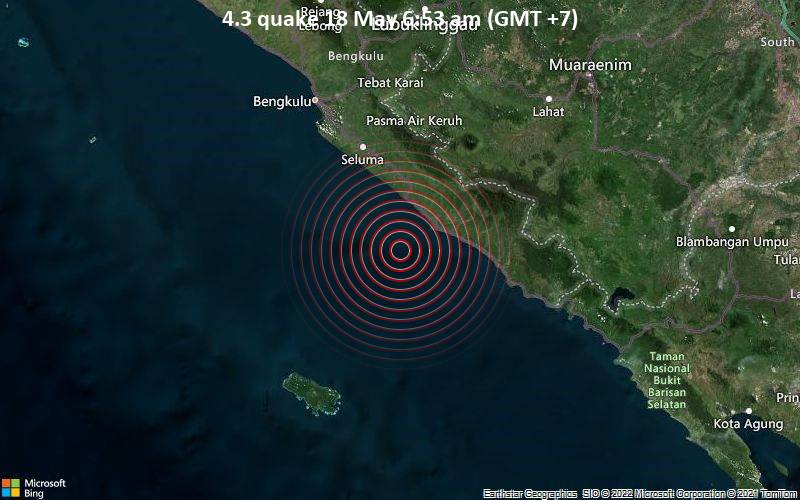 Magnitude 4.3 earthquake strikes near Pagar Alam, Lahat Regency, South Sumatra, Indonesia