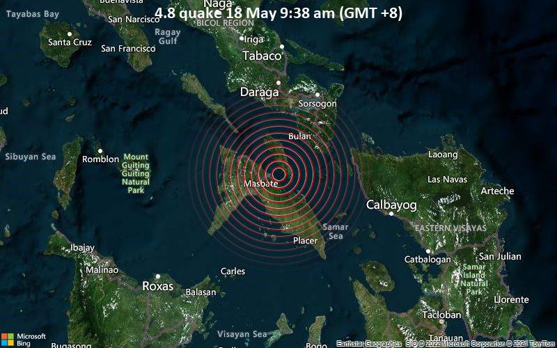 Moderate magnitude 4.8 earthquake 8 km east of Masbate, Philippines