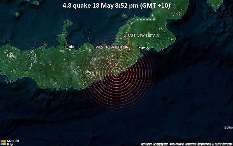 Moderate magnitude 4.8 quake hits 109 km southeast of Kimbe, Papua New Guinea in the evening