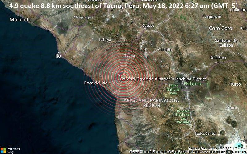 Moderate magnitude 4.9 quake hits 9 km southeast of Tacna, Peru early morning
