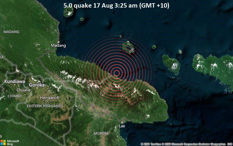 Significant 5.0 quake hits near Lae, Morobe Province, Papua New Guinea
