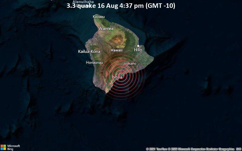 Small magnitude 3.3 quake hits 41 miles southwest of Hilo, Hawaii, United States in the afternoon