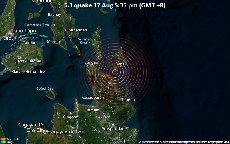 Moderate yet deep magnitude 5.1 earthquake 85 km northeast of Butuan, Philippines