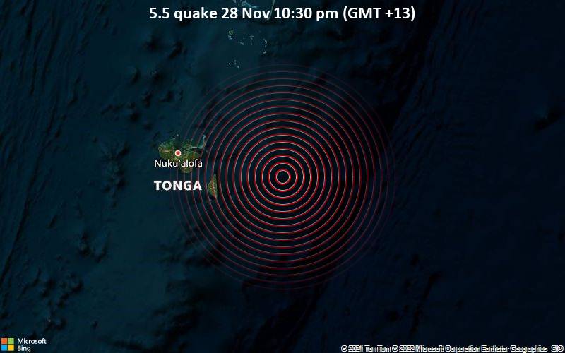 Magnitude 5.5 earthquake strikes near Nukalofa, Nuku'alofa, Tongatapu, Tonga