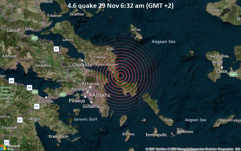 Moderate earthquake of magnitude 4.6 just reported 57 km northeast of Athens, Greece