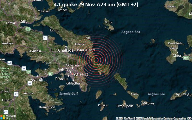 Moderate magnitude 4.1 earthquake 55 km northeast of Athens, Greece