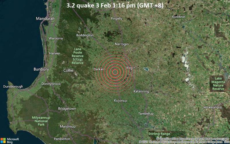 Magnitude 3.2 earthquake strikes near Wagin, Western Australia, Australia