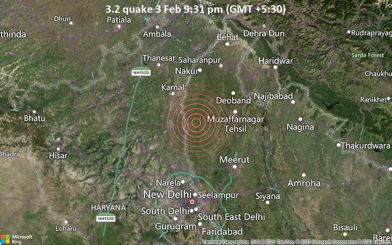 Small tremor of magnitude 3.2 just reported 7 km southwest of Shamli, India