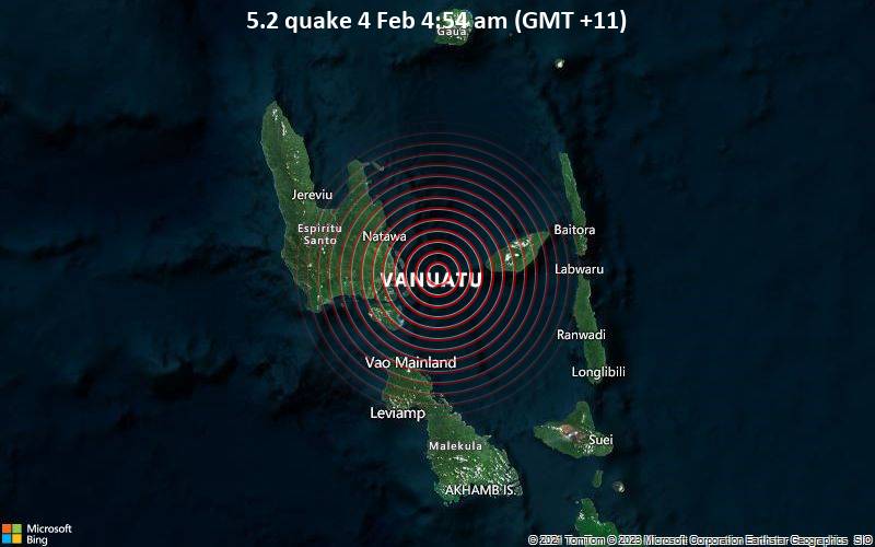 Moderate yet deep 5.2 quake hits near Santo, Luganville, Sanma Province, Vanuatu