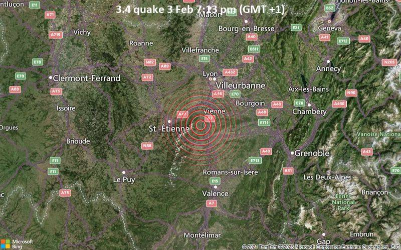 Small magnitude 3.4 quake hits 26 km east of St Étienne, France early evening