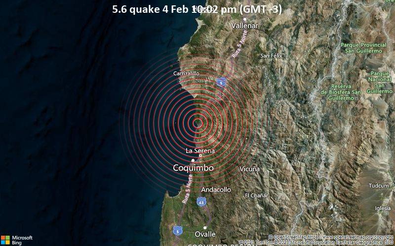 Significant earthquake of magnitude 5.6 just reported 35 km north of La Serena, Chile