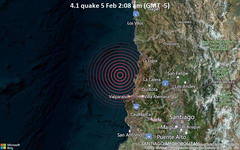 Magnitude 4.1 earthquake strikes near Valparaiso, Provincia de Valparaíso, Region de Valparaiso, Chile