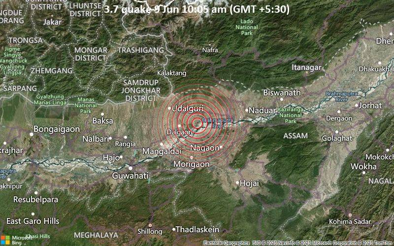 Small tremor of magnitude 3.7 just reported 14 km southwest of Dhekiajuli, India