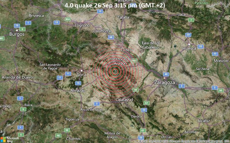 Moderate magnitude 4.0 quake hits 39 km southwest of Tudela, Spain early afternoon
