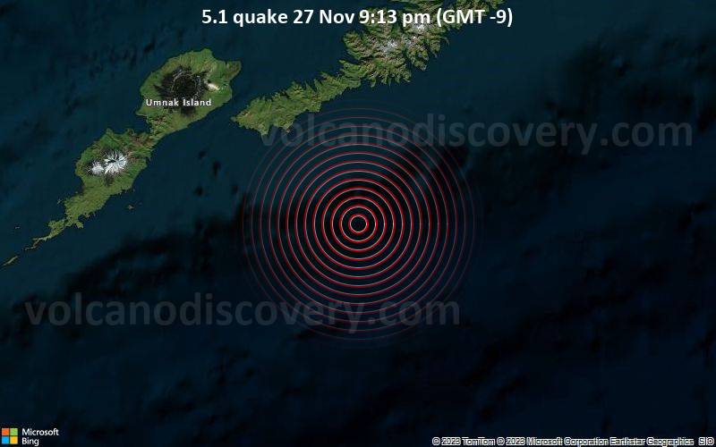 Significant earthquake of magnitude 5.1 just reported 69 miles southwest of Unalaska, Alaska, United States